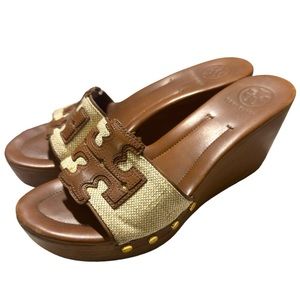 Wooden platform Tory Burch TERRI Natural Linen Sandals size 8